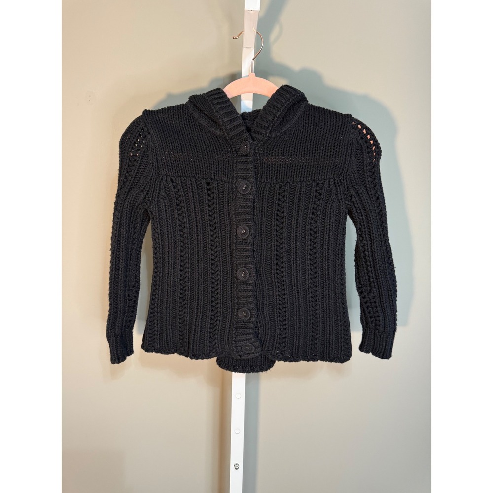 American Eagle Hooded Chunky Knit Cardigan Sweater Black SP Petite‎ 90's